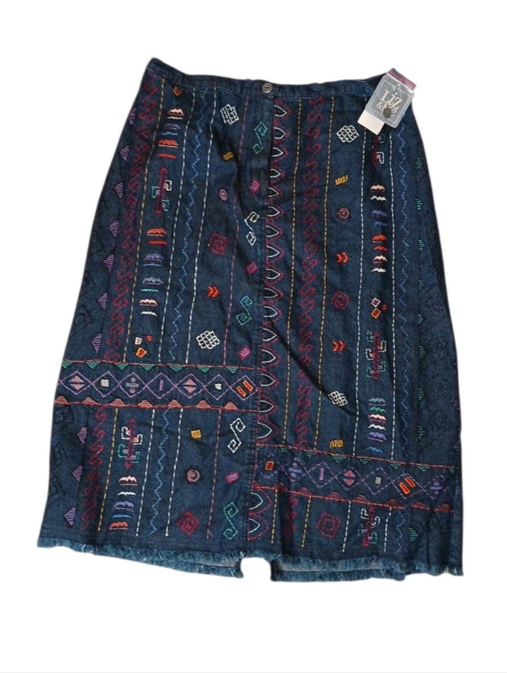 Vintage Denim Colorful Embroided Stretch Maxi Skirt By Liz & Me Size 28 NWT